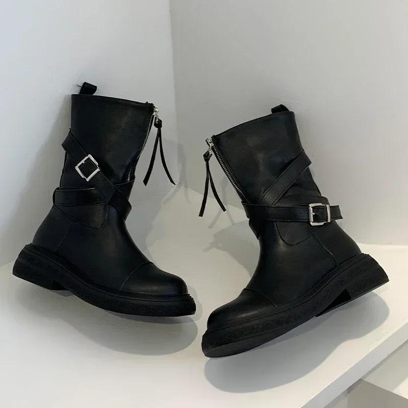 Pleated Buckle Knight Boots for Women Autumn Brown PU Leather Mid Calf Boots Woman Slip-On Thick Heel Riding Botas Mujer 2025