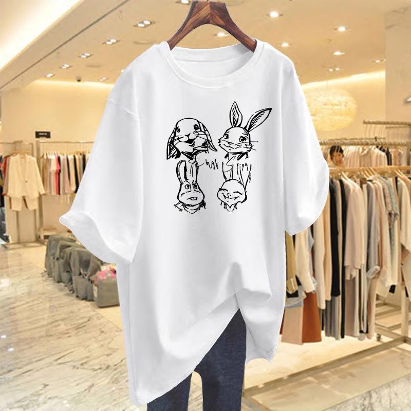 

New early spring cotton short-sleeved t-shirt women s white rabbit print loose top summer short-sleeved bottoming shirt S