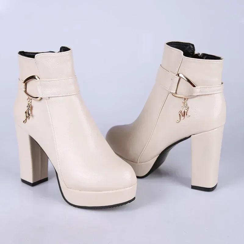 Fashion Fashion 2024 Women's High Heel Autumn Winter Chunky Heel Platform Shoes Side Zippers Ankle Boots Plus Size 33-43