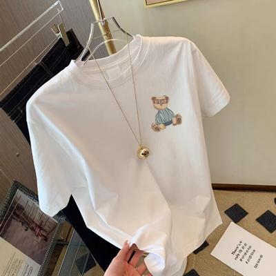 Short-sleeved T-shirt Women's Thin Cotton Front Shoulder Round Neck Loose and Thin Versatile Ins Fashion Top Front and Rear Printing Pattern