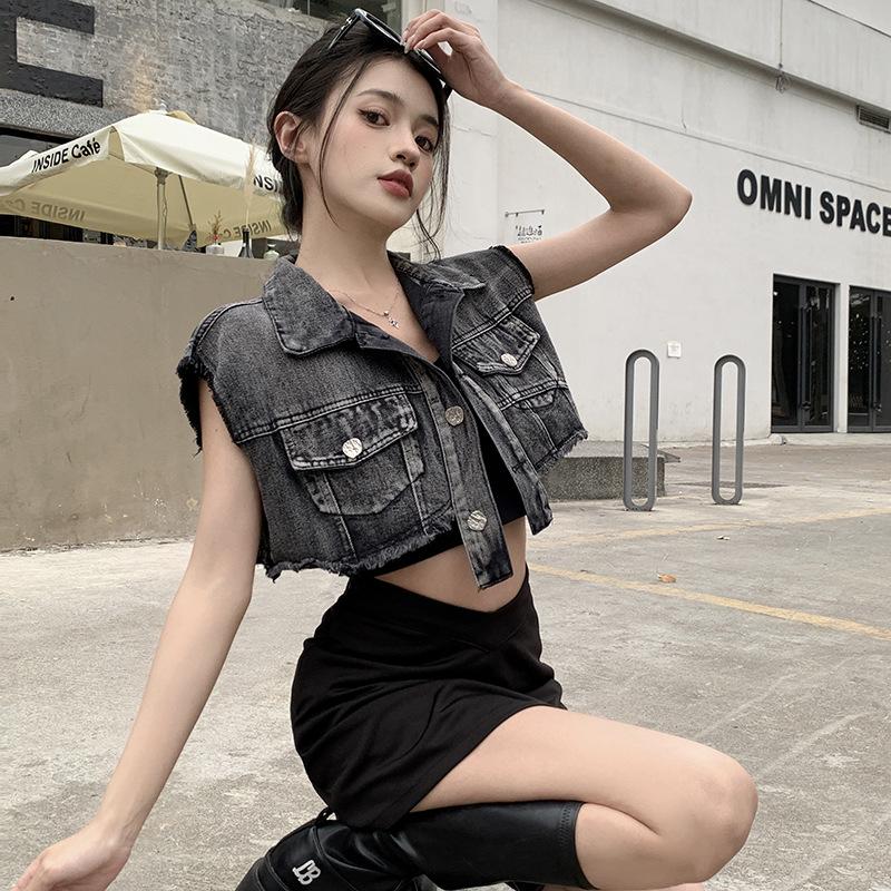 American Hot Girl Short Style Navel-baring Sleeveless Raw Edge Denim Vest Vest American Retro Sweet Cool Style Versatile Women