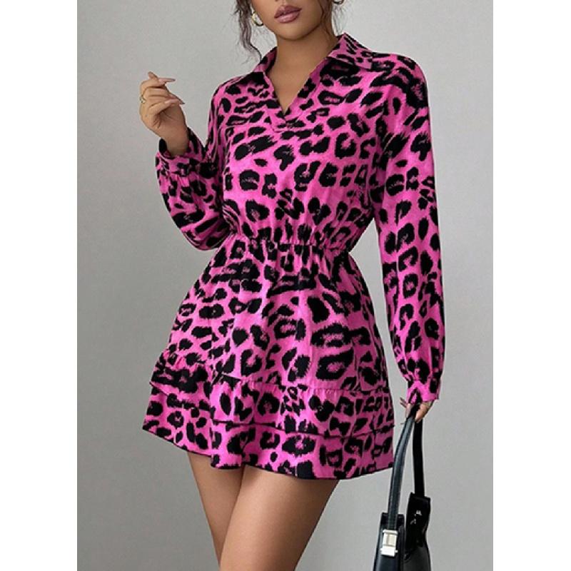 Women's 2026 Spring Winter Leopard Print Satin Dress with Elastic Waist and Slimming Effect