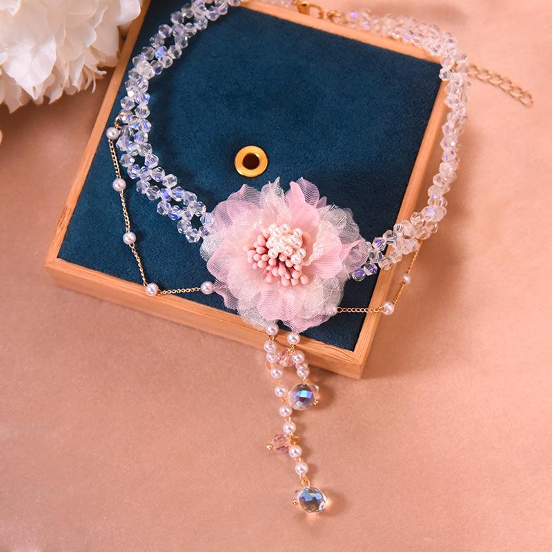 

Vintage Chinese Style Crystal Beaded Flower Necklace with Matching Tulle Earrings
