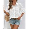 White Lace Women's Blouse Summer New Lapel Hollow-out Embroidery Loose Women's Short Sleeve Women's Shirt Fashion Vintage Casual Office Ladies Tops