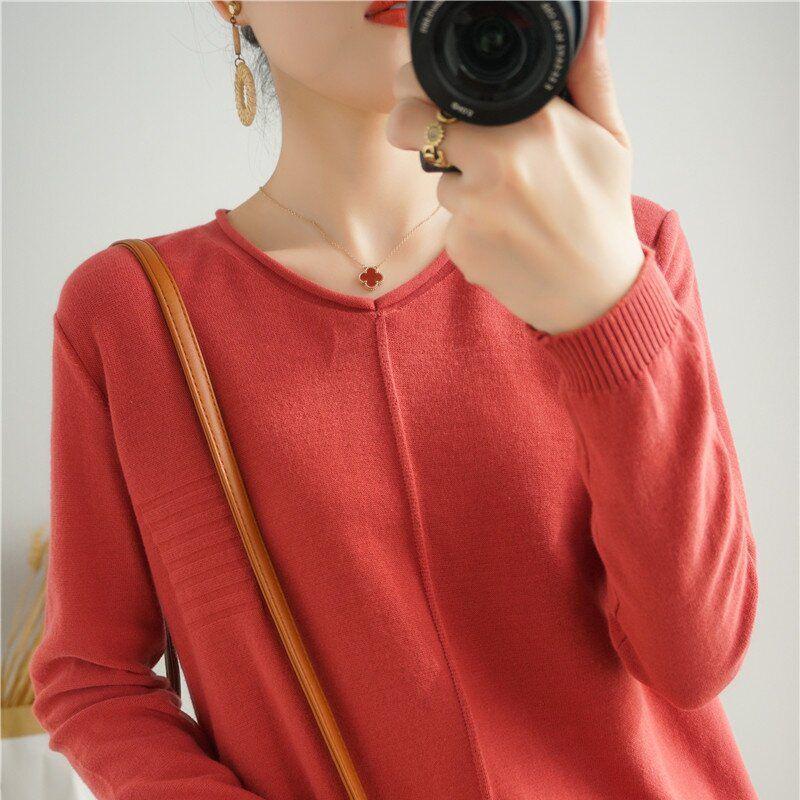 Baumwollpullover im koreanischen Stil mit gerolltem Saum und Rundhalsausschnitt für Damen, langärmlig und locker geschnitten