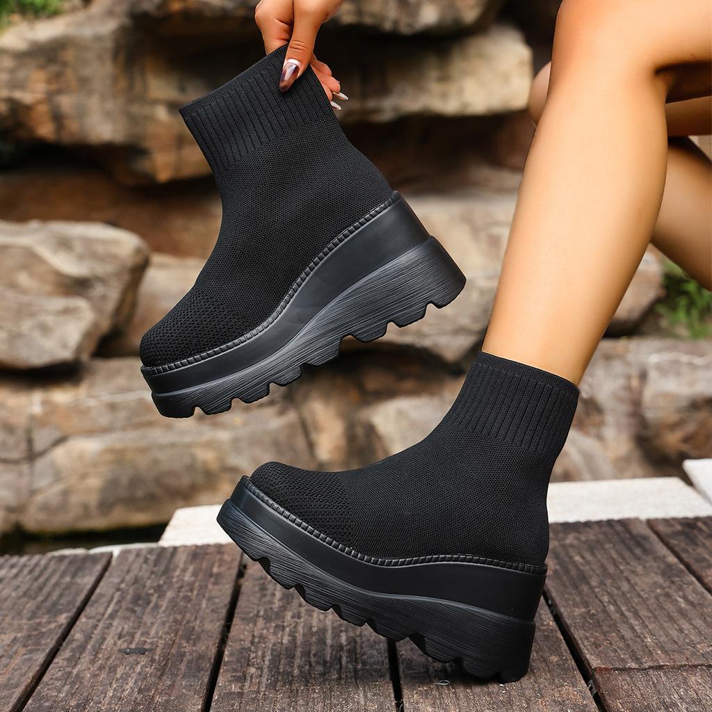 Skinny Wedge Heel Short Boots Women'S Winter Large Size Thick-Soled Muffin Sleeve Fly-Woven Socks Boots 43
