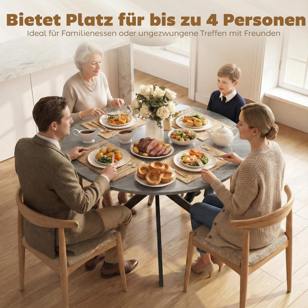 Round Dining Table for 4 People, Industrial-Style Kitchen Table with Steel Legs, for Dining Room, Kitchen, Grey