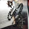 Long Cross Chain Volcanic Stone Crucifix Pendant Chain Black Gallstone Rosary Necklace  Pray