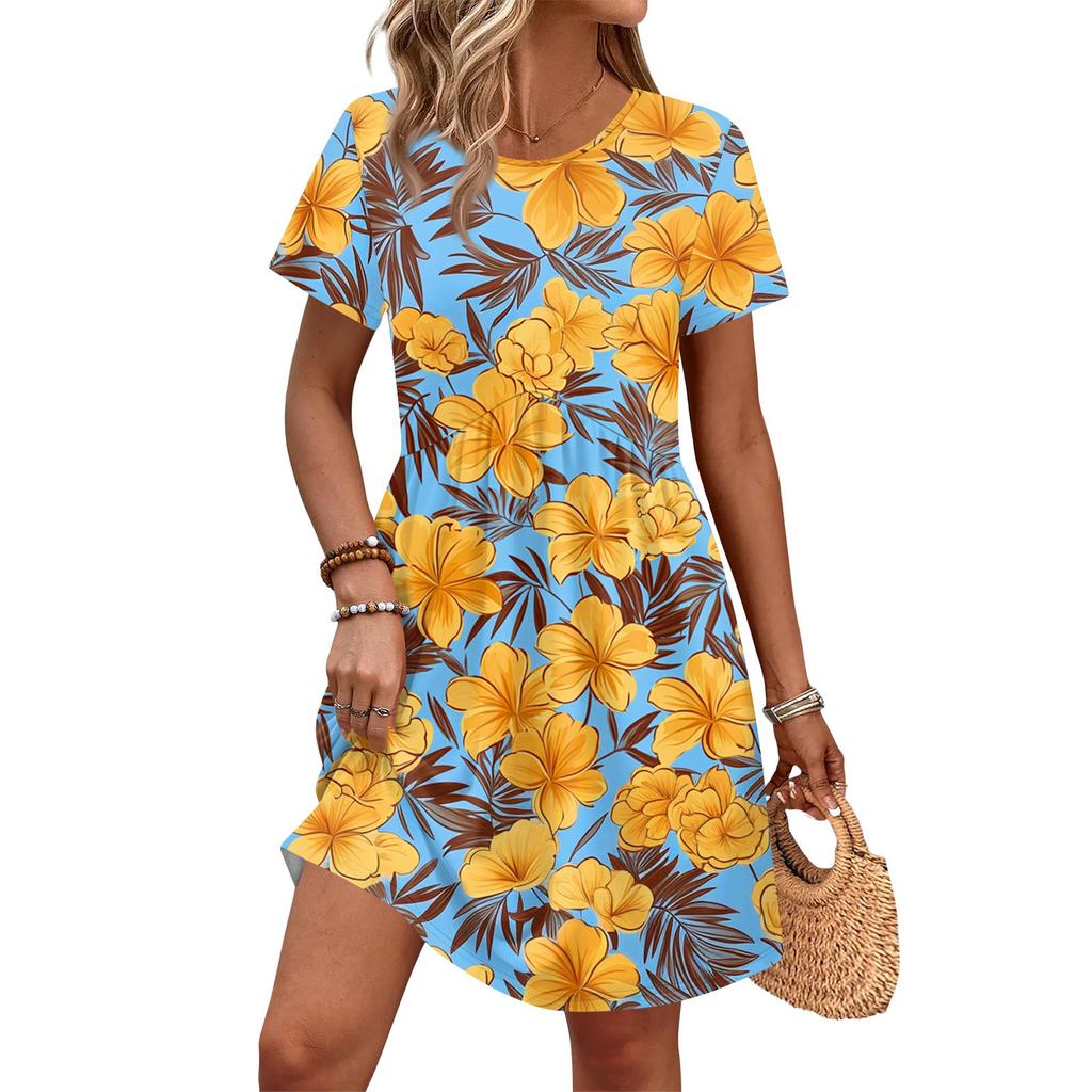 Dresses For Women Short Sleeve Print Round Neck Casual Dresses Waist Dress With Pockets