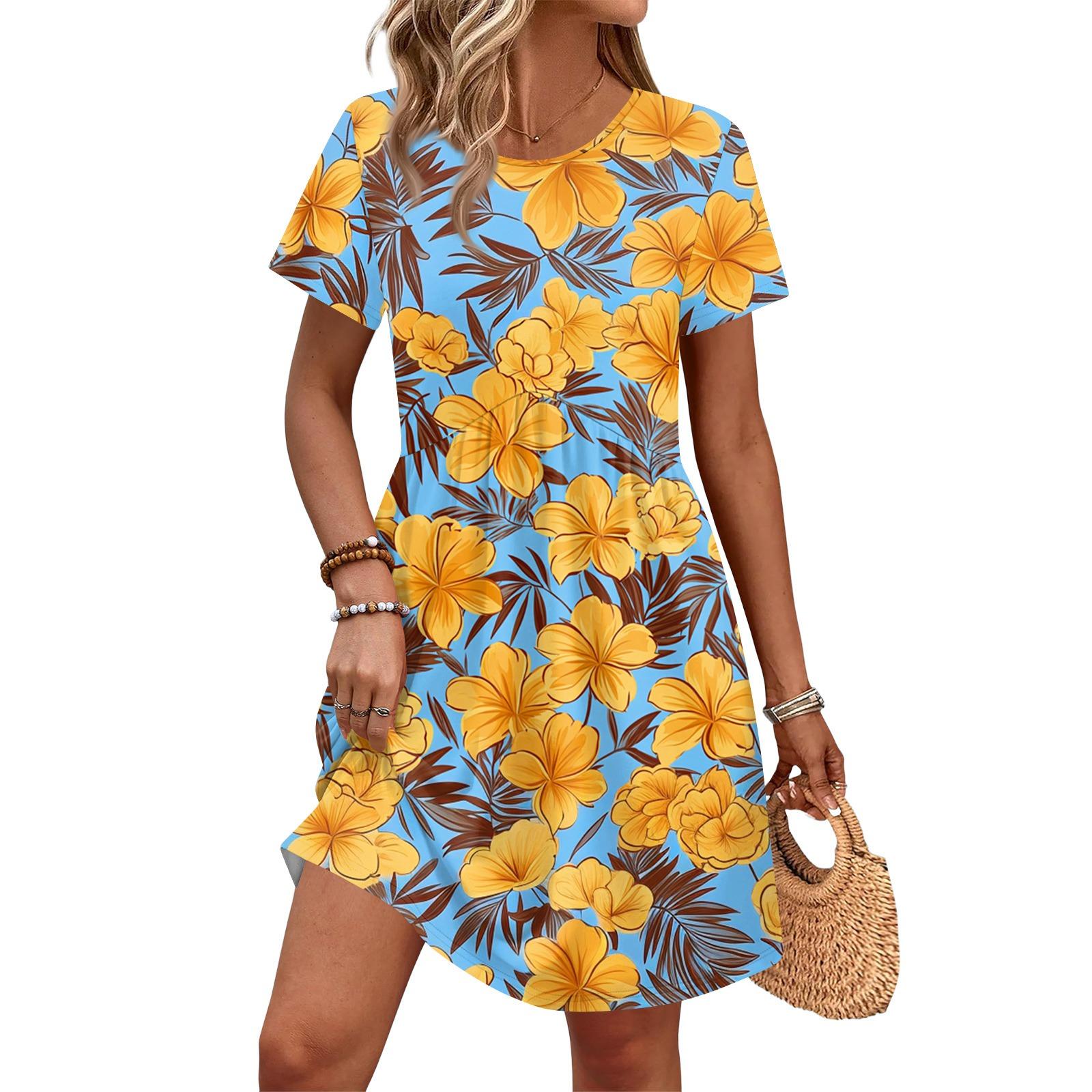 

Dresses For Women Short Sleeve Print Round Neck Casual Dresses Waist Dress With Pockets L жовтий
