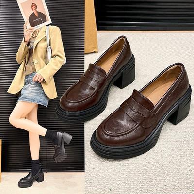 Single Shoes Women's Platform 2025 One-pedal French New Loafers Deep Mouth Round Head High Heels Thick Heel British Black