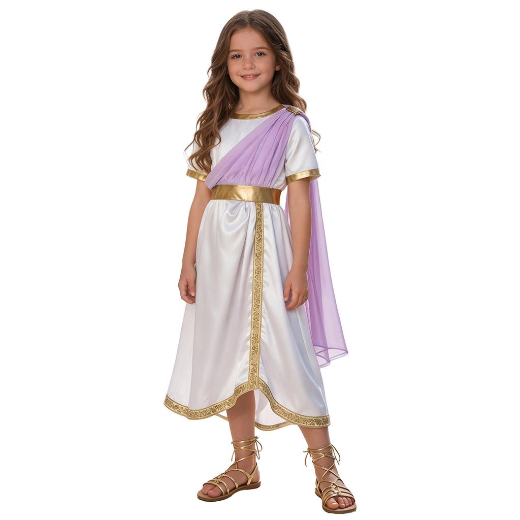 Kids Girls Ancient Greek Toga Costume Draped Shawl Satin Robe Short Sleeve Metallic Waist Embroidered Trim for Halloween Cosplay