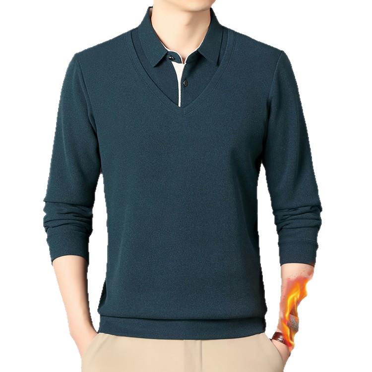Tricou casual cu mânecă lungă pentru bărbați, aspect two-piece, amestec de lână, cu guler de flanelă