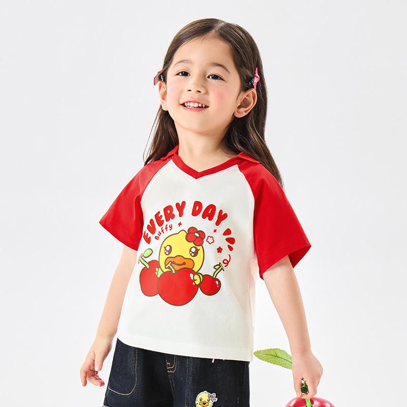 B. Duck Yellow Duck Children's Clothing Girls' 2026 Summer New Style Color Blocked Printed Fashion Short T-shirt