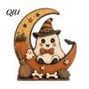 Classroom Halloween Display Pieces Retro Pumpkin Witch Cat Ghost Figurines with Crescent Base, Spooky Rustic Tiered Tray Decor Wooden Tabletop