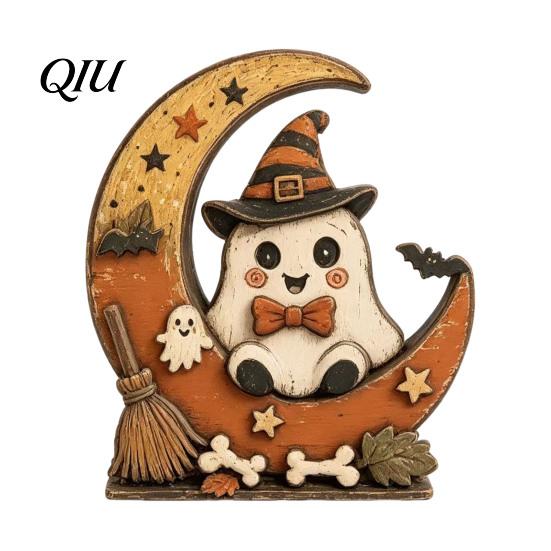 Classroom Halloween Display Pieces Retro Pumpkin Witch Cat Ghost Figurines with Crescent Base, Spooky Rustic Tiered Tray Decor Wooden Tabletop
