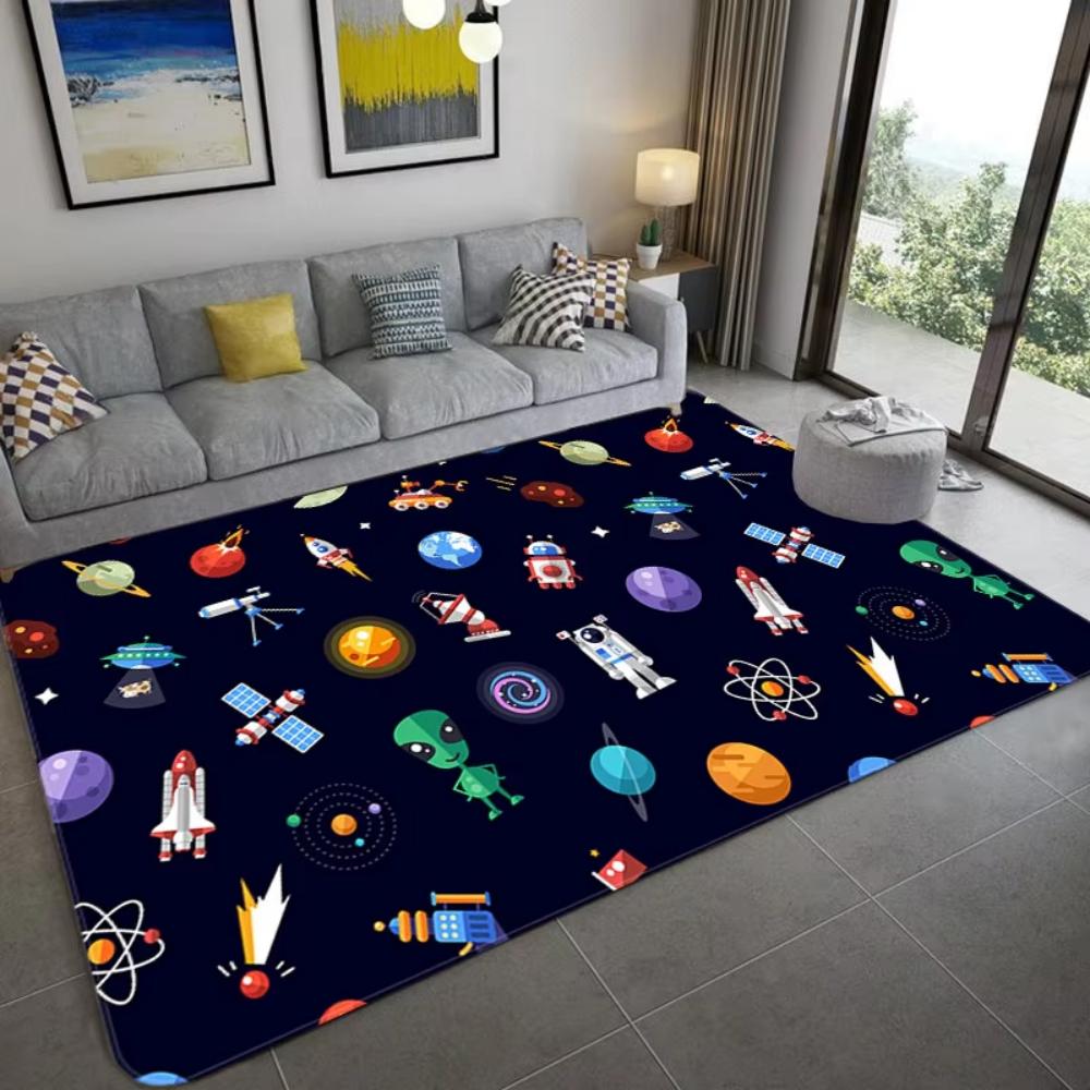 Cartoon Universe Design Childrens Rug Interactive Play Mat for Bedroom Living Room Planet Themed Soft Floor Carpet Decor Gift