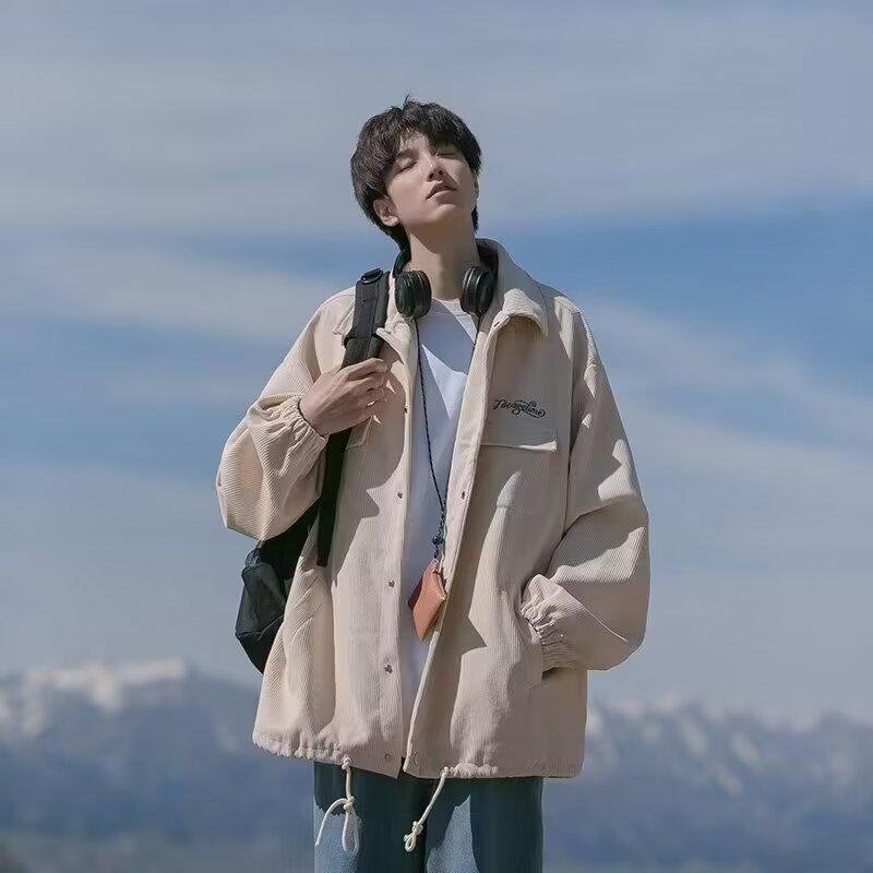 

Color Block Corduroy Jacket: Unisex Spring/Autumn Long Sleeve Baseball Style 3XL бежевий