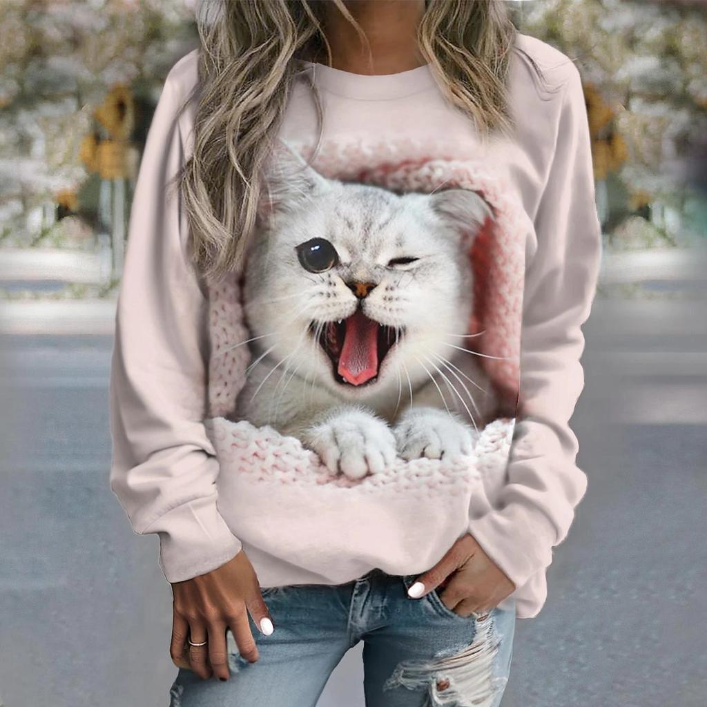 Women's Sweater Pullover T-Shirt Fashion Kitten Print Long Sleeve T Shirt Girls Street Casual Ladies Clothes O-Neck Sweatershirt