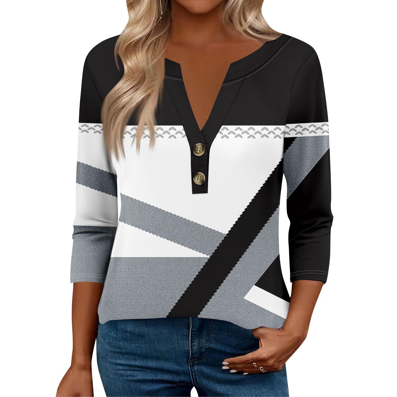 

Женские топы с рукавом 3/4 для женщин, топы хенли на пуговицах с V-образным вырезом, нарядные летние женские топы свободного кроя XL белый