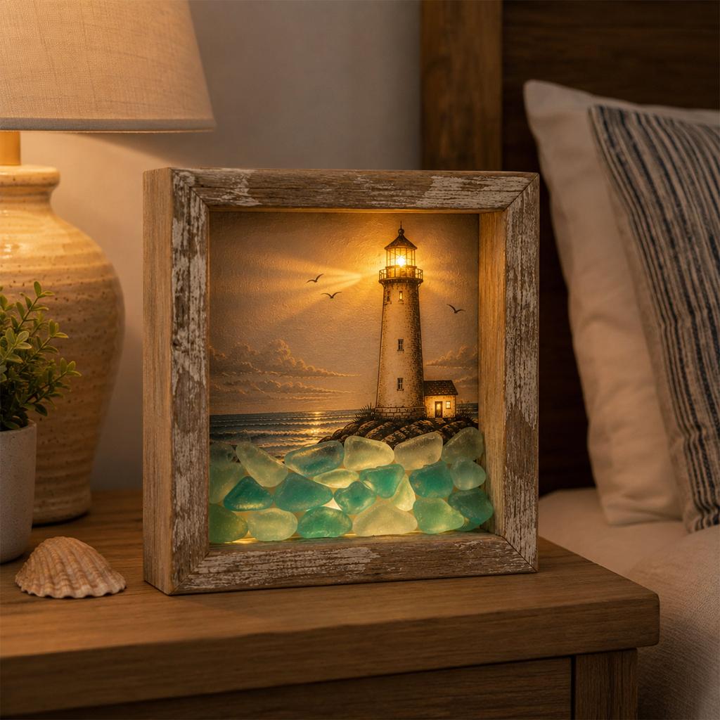 LED Decorative Night Light with Sea Glass, Illuminated Tabletop Decor for Home Bedroom