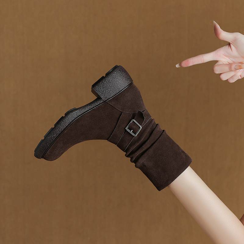 Krazing Pot Cow Suede Nubuck Pleated Decoration Autumn Winter Shoes Chunky Heels Size 43 Size 42 Round Toe Zipper Retro Fashion Mid-calf Boots