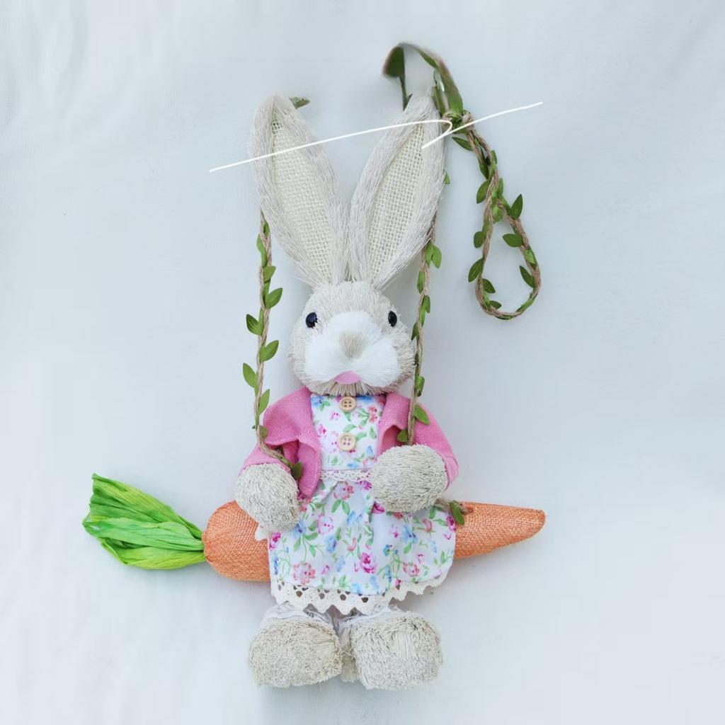 Easter Bunny On Swing Handmade Woven Grass Rabbit Creative Figurine Home Decor Hanging Ornament Forest Theme Gift