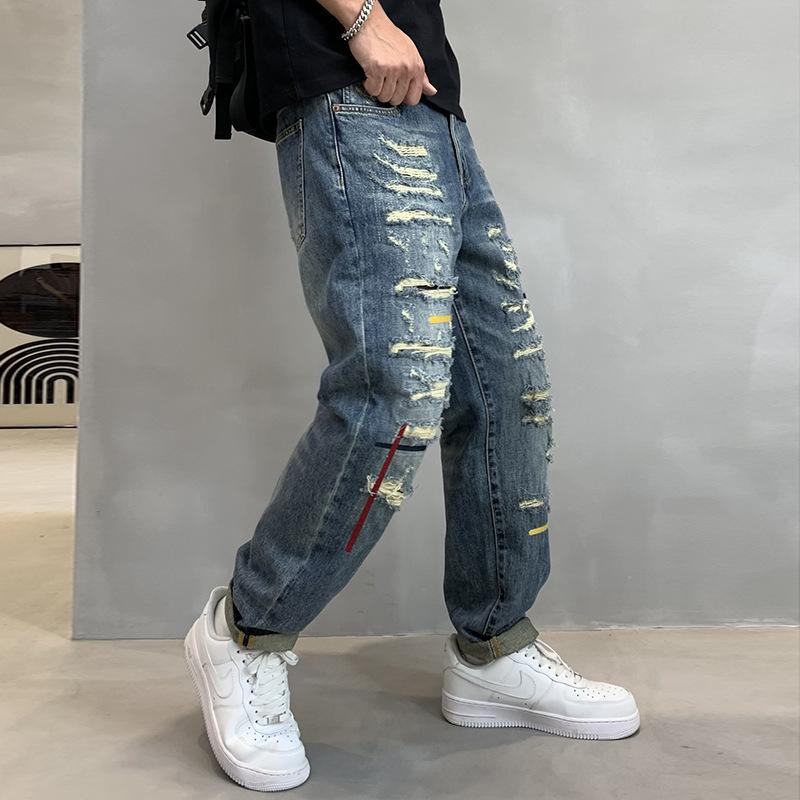 Heavy industry washed denim tide brand American heavy industry jeans ripped patch old hip hop loose scum trousers