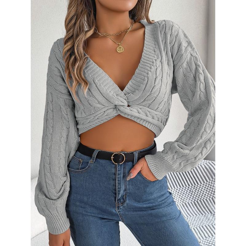 

Осенне-зимний сексуальный повседневный укороченный свитер с V-образным вырезом и рукавами-фонариками M