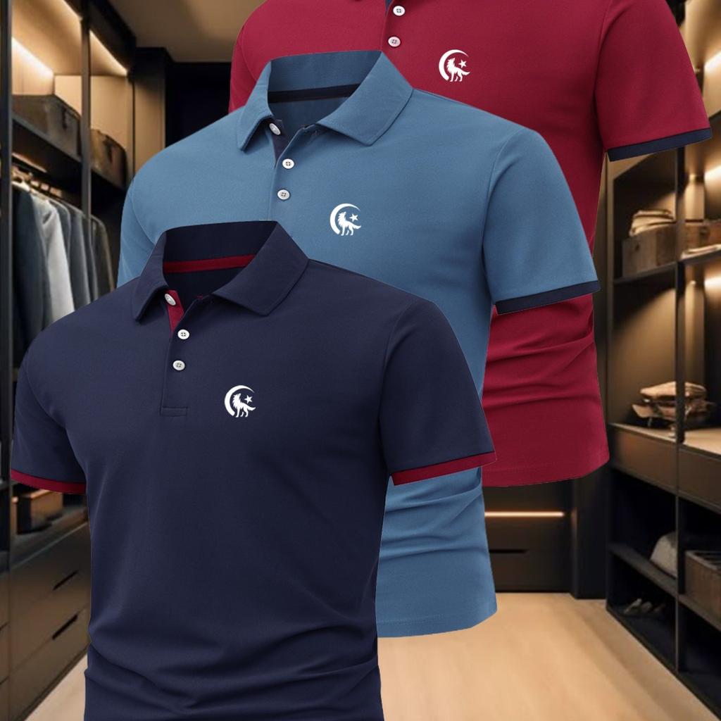 Herren-Polohemd-Set mit Wolfsdruck, Stilvoll und geeignet für Business Casual, Bequemes und atmungsaktives kurzärmeliges Polohemd für den Sommer