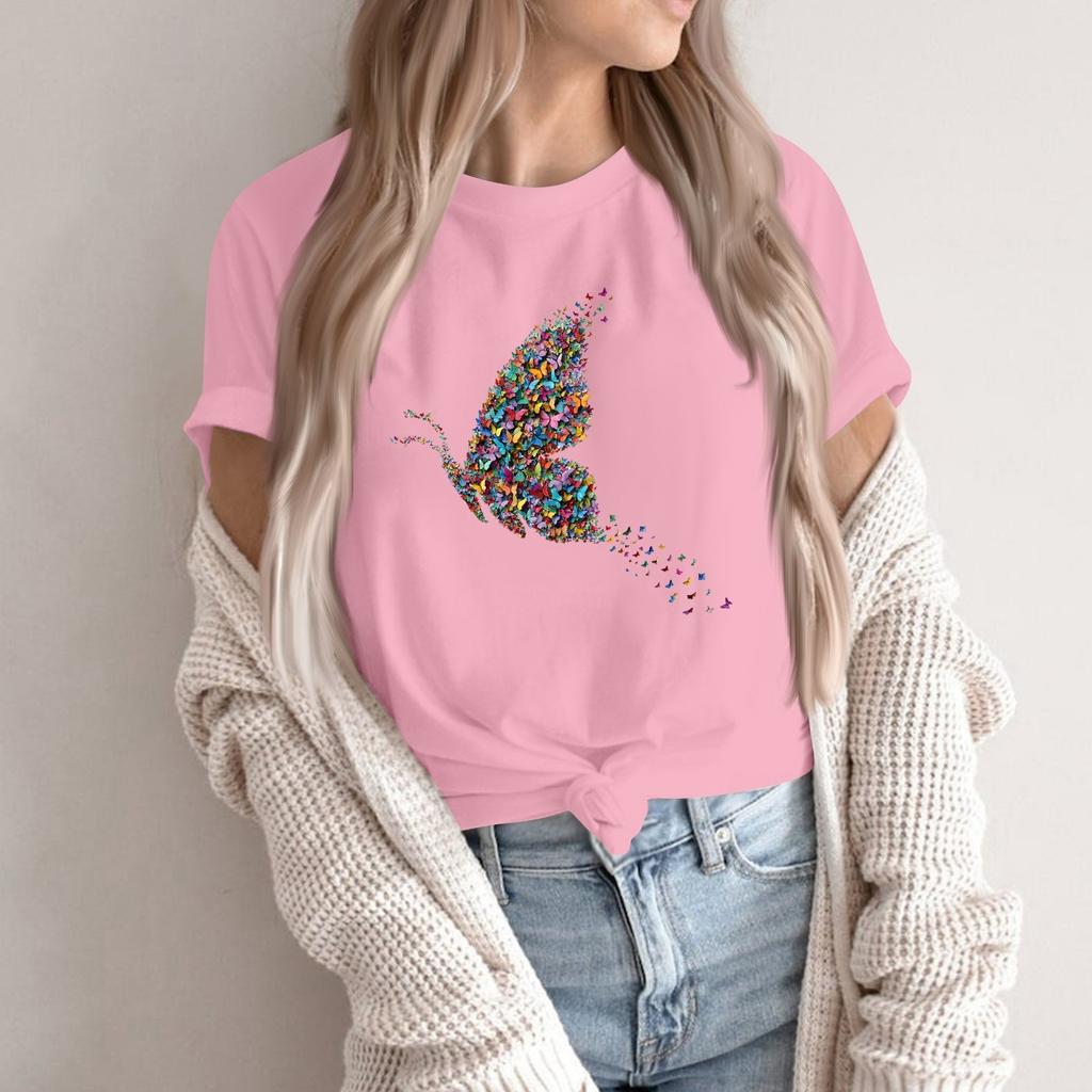 Women's Fashion Casual Printed Round Neck Short Sleeved Pullover T-Shirt Top