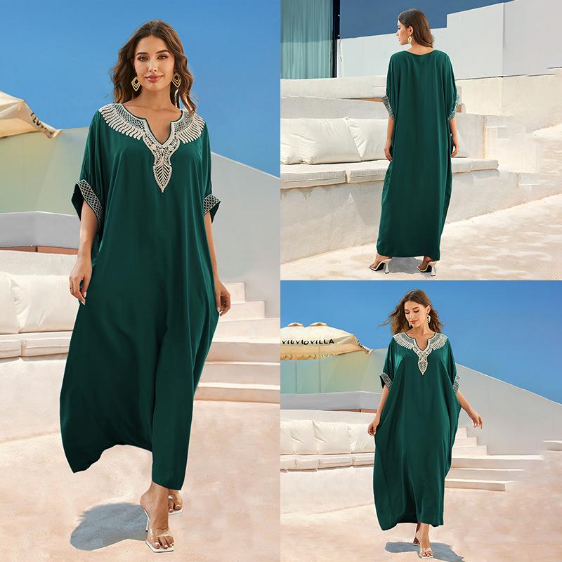 "European & American Embroidered Cotton Maxi Skirt: Women's Beach Sun Protection Robe"