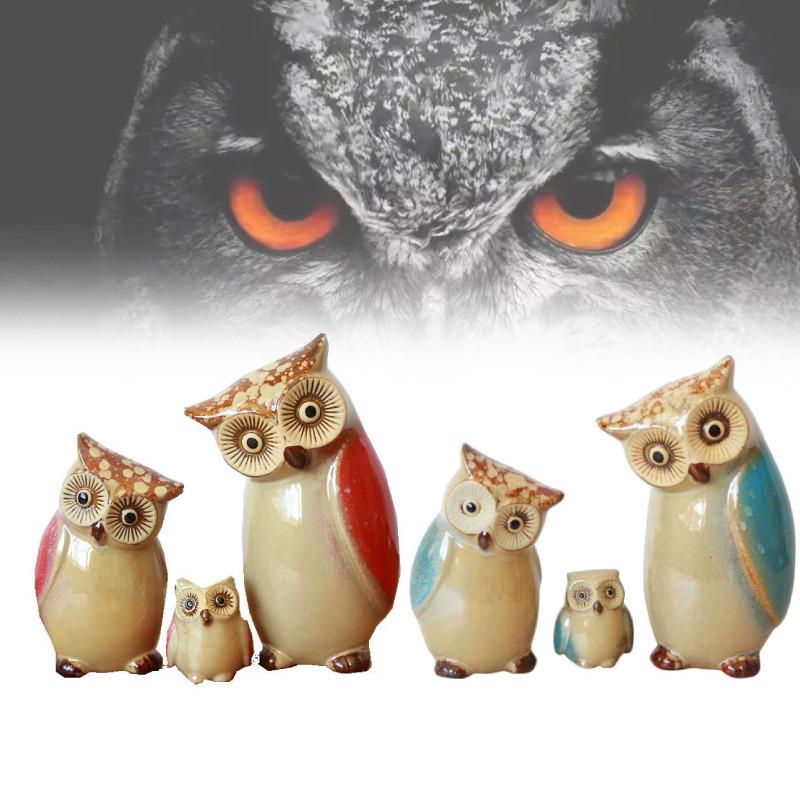 3pcs Porcelain Owls Statue Ornament Shaped Desktop Craft Figurine Sitting Room