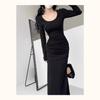 French Retro Solid Color Dress - 2026 Slim-Fit Waist-Cinching Skirt for Spring/Autumn