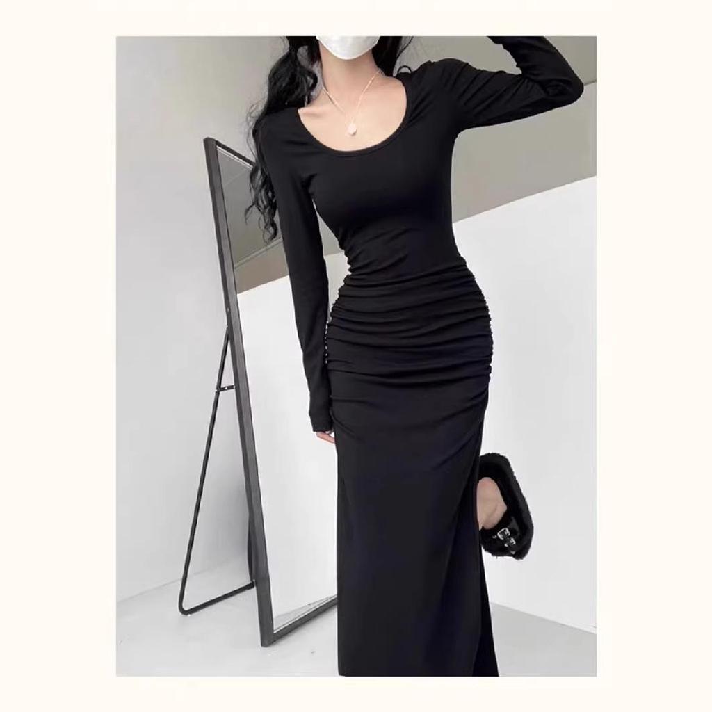 French Retro Solid Color Dress - 2026 Slim-Fit Waist-Cinching Skirt for Spring/Autumn
