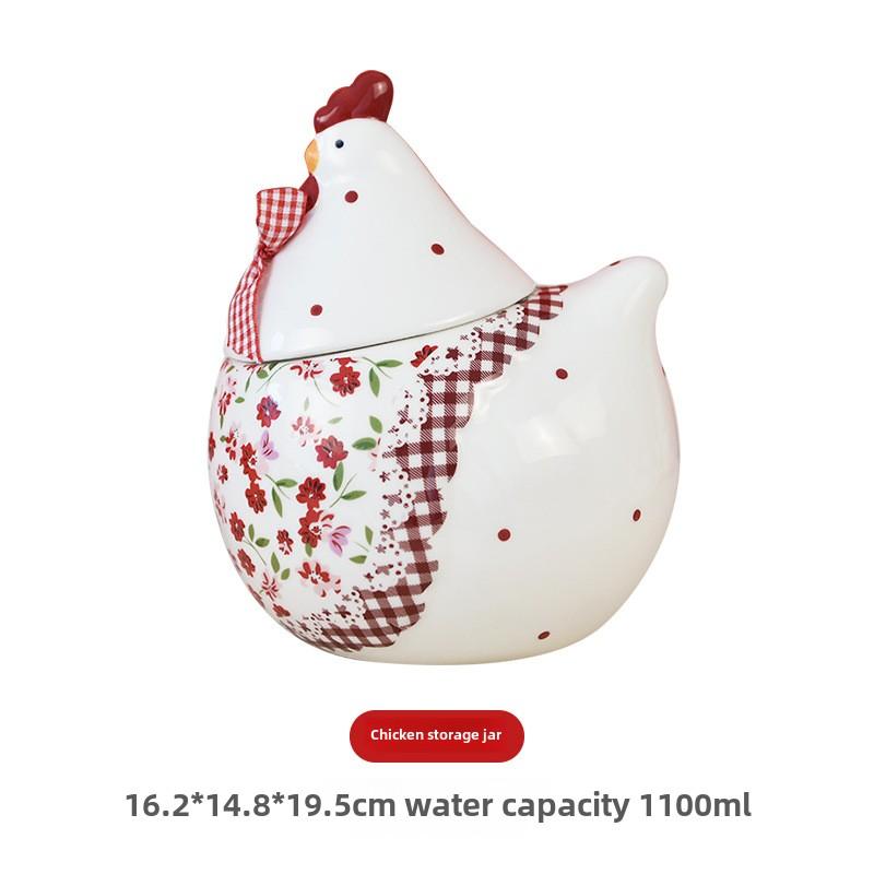 Tableware red floral chicken ceramic sealed jar ceramic storage jar creative chicken shaped storage jar Easter