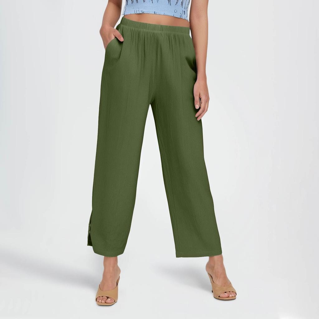 Women's Fashion Casual Pants Solid Color Straight Pants Elastic Waist  Pants With Pockets