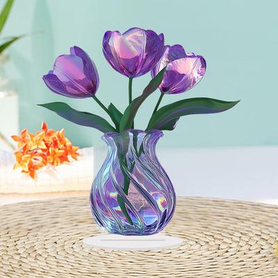 2D 8in Acrylic Purple Vase Three Tulips Colour Printing Environmental Protection Waterproofing Home Garden Farm Decor Gift