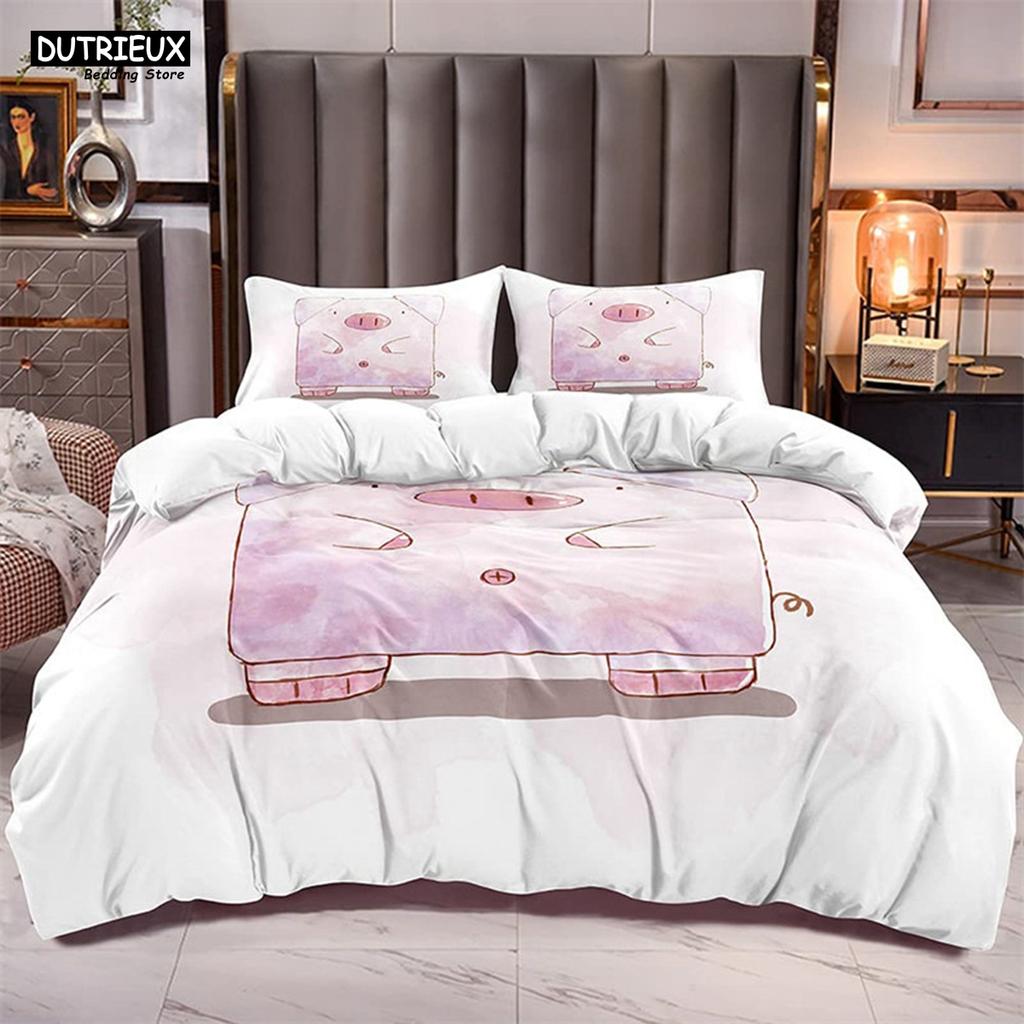 Cartoon Lovely Pig Duvet Cover Set Kawaii Animal Bedding Set King Microfiber Farmhouse Wildlife Theme Comforter Cover Pillowcase