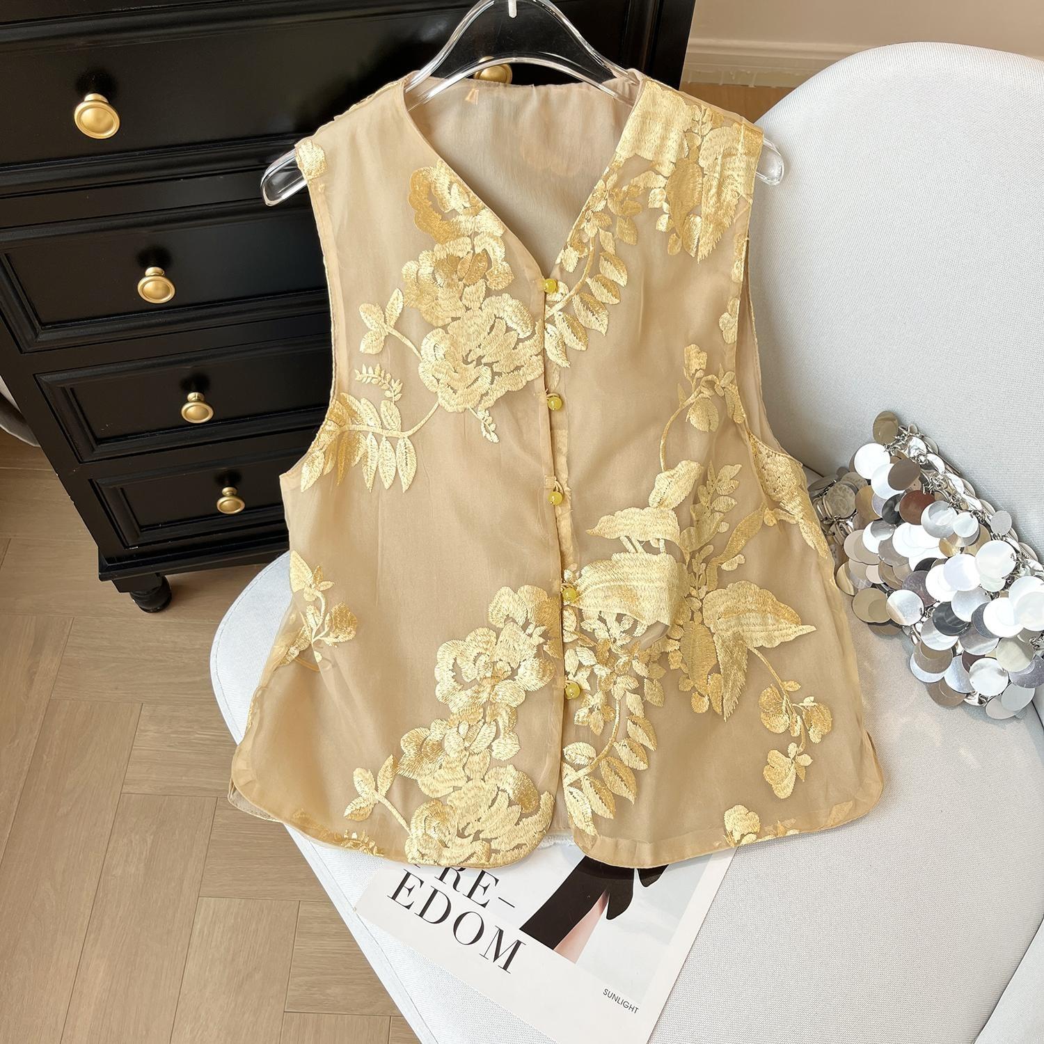 

Жилет женский 2025 лето темпераментный универсальный тюль вышитый без рукавов ретро высококлассный солнцезащитный топ 3XL ([Recommended 138-75kg])