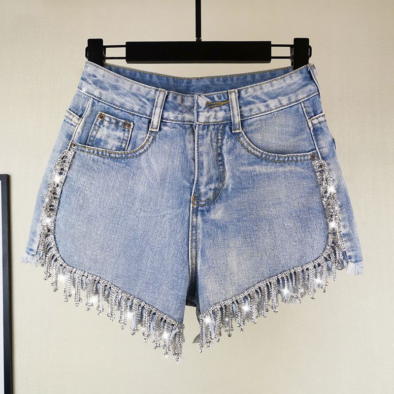 

Fashionable Goods Fringed Burr High Waist Denim Shorts Summer Clothing Blue L