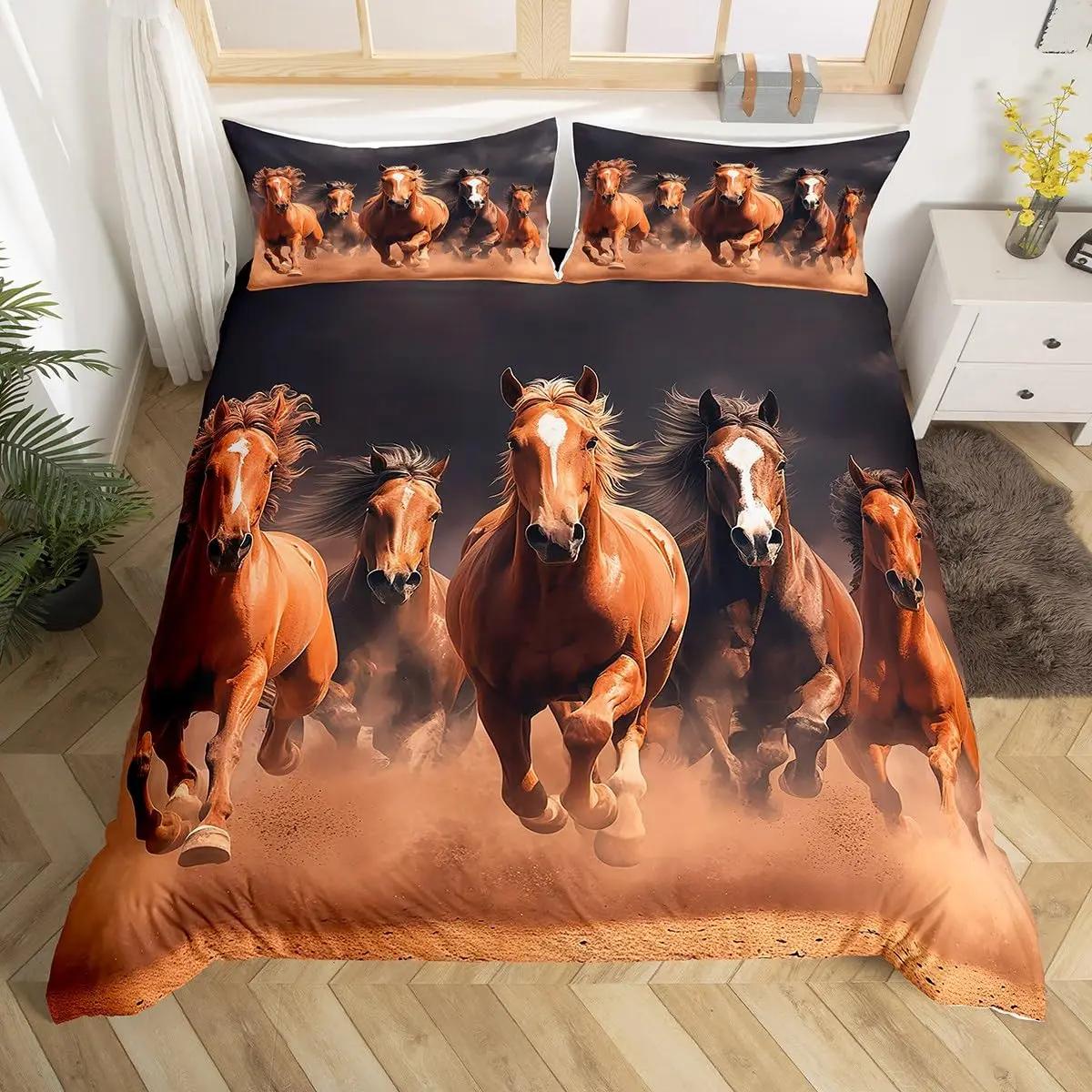

Kids Horse Bedding Set Twin King,Galloping Horse Comforter Cover Boys Girls Wild Animal Duvet Cover Galaxy Print Bedspread Cover EU Single(135x200cm)
