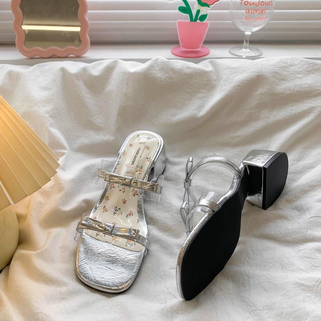 Fashion Slippers Casual Summer Women's Shoes Pantofle Square Heel Butterfly-Knot Heeled Mules Slides Luxury 2025 Block High Pumps