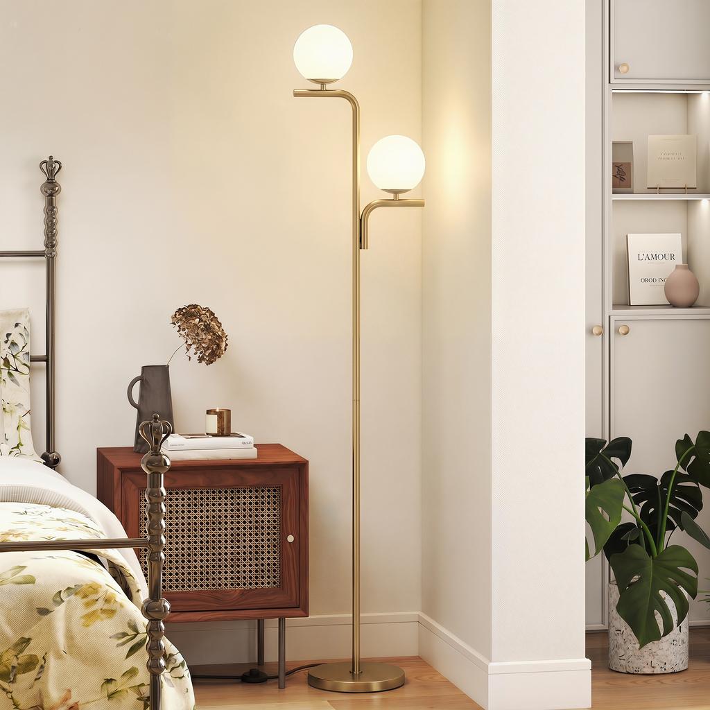 LED Floor Lamp, Modern Lamp with 3 Color Temperatures, Glass Globe Shades and Foot Switch, Gold