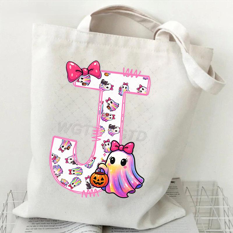 Halloween personalized print student canvas bag tutoring bag 26 letters fashion shoulder bag women large capacity