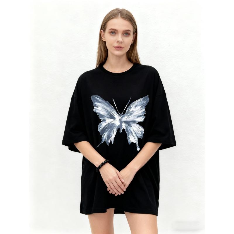 Oversized T Shirt Black Butterfly Print Women Casual Summer Top Streetwear Fashion Loose Fit Graphic Tee