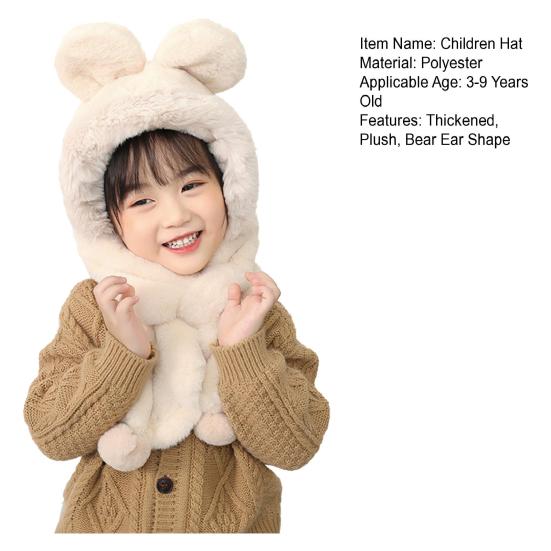 Children Hat with Bear Ear Decoration Solid Color Thickened Plush Warm Hat Scarf Set Kids Cold Weather Hat