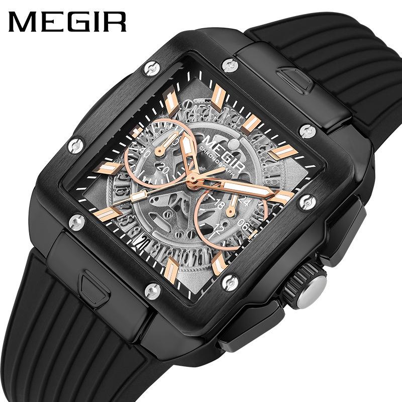 Watc Square Men'S Silicone Strap Multifunctional Chronograph Sports Quartz Watch 2228