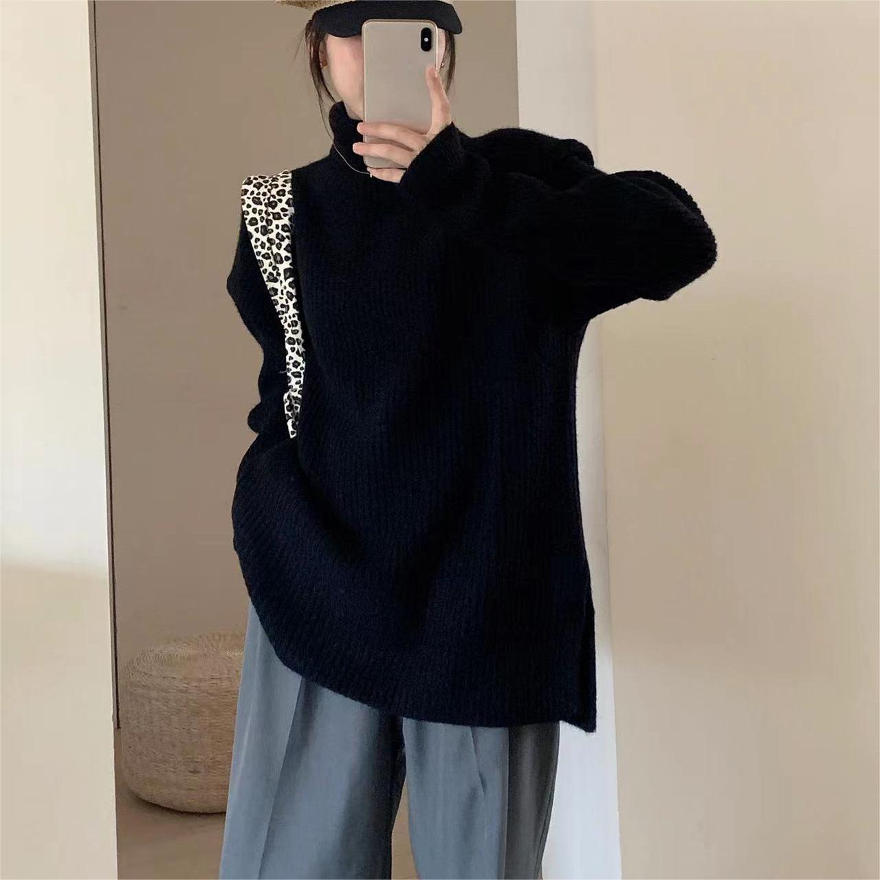 

Gentle Department of Lazy Wind Высокий ворот свитера больших размеров для женщин осень-зима свободный трикотаж One Size чёрный