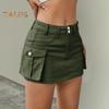 Women Mini Denim Skirt Low Waist Cargo Skirt with Pocket Solid Color Button Zipper Fly Short Skirt Streetwear